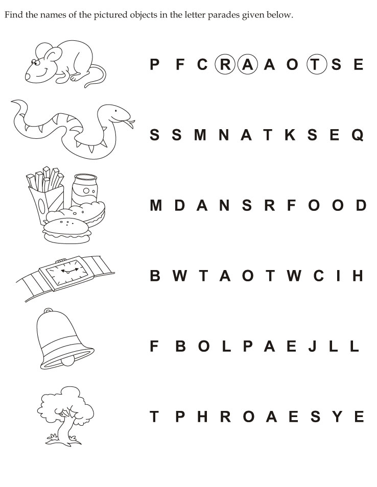 Find the names of the pictured objects in the letter parades given below
