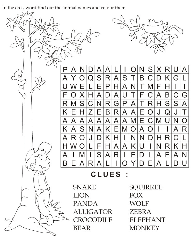 In the crossword find out the animal names and colour them