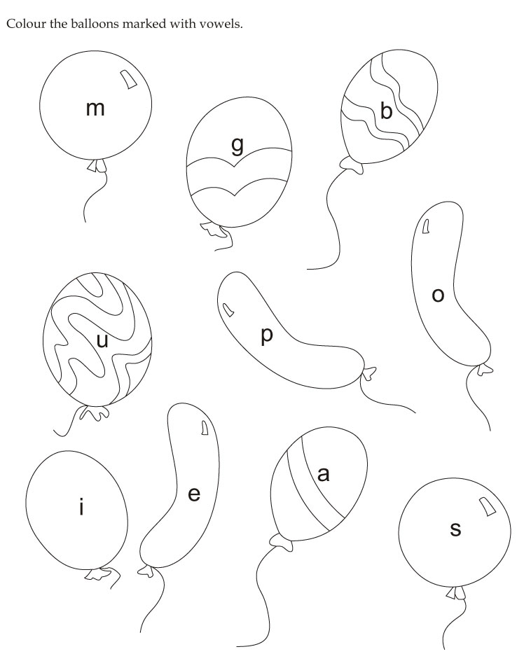 Colour the balloons marked with vowels
