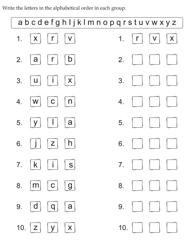 Write the letters in the alphabetical order in each group