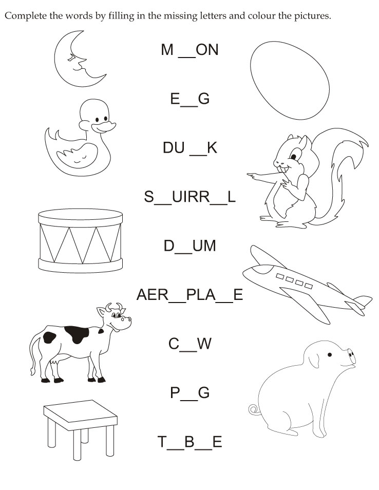 Complete the words by filling in the missing letters and color the pictures