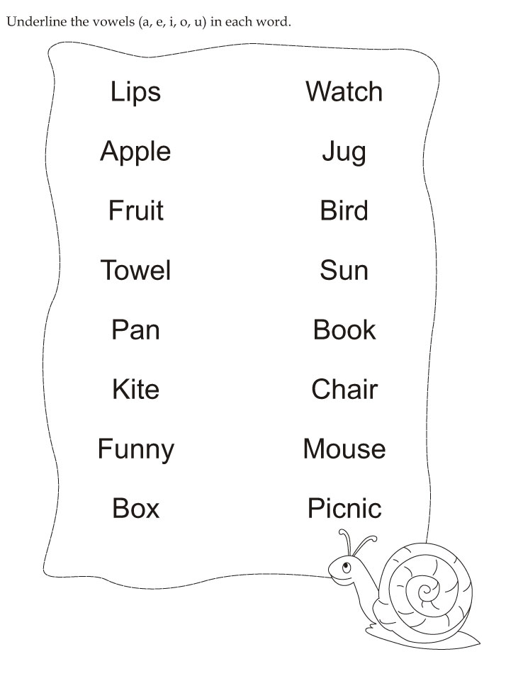 Download english activity worksheet Underline the vowels (a, e, i, o, u
