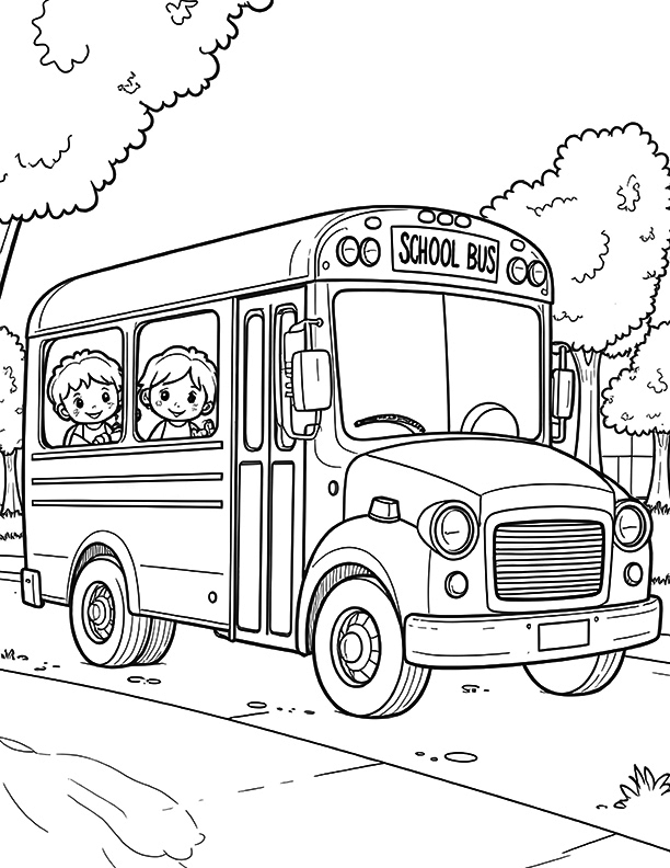 School bus and school supplies coloring page School bus and school supplies coloring page