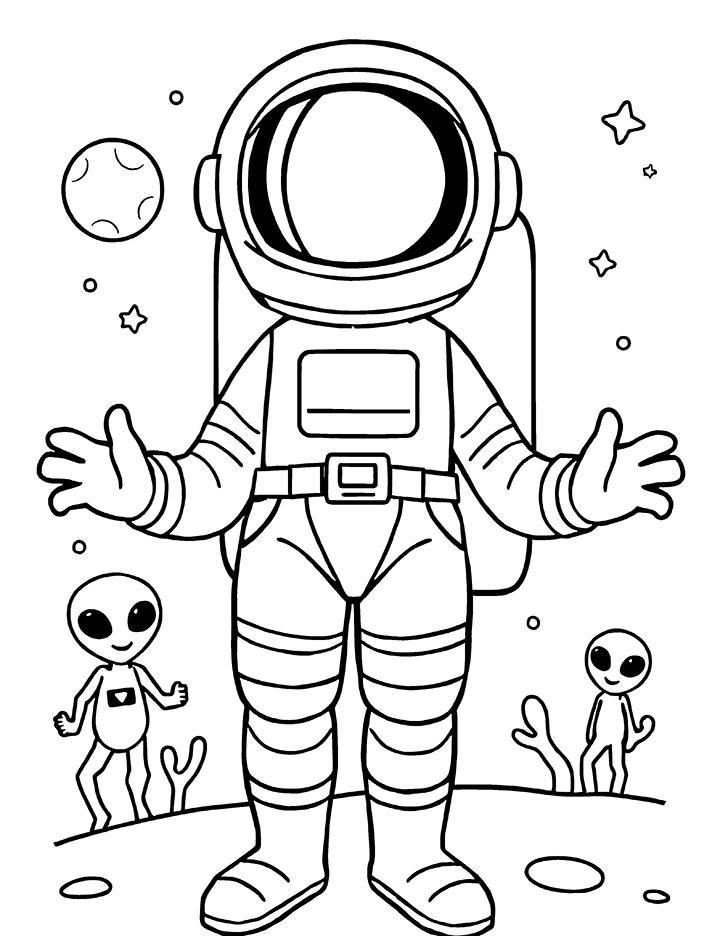 Astronaut and aliens coloring page 2 Astronaut and aliens coloring page 2