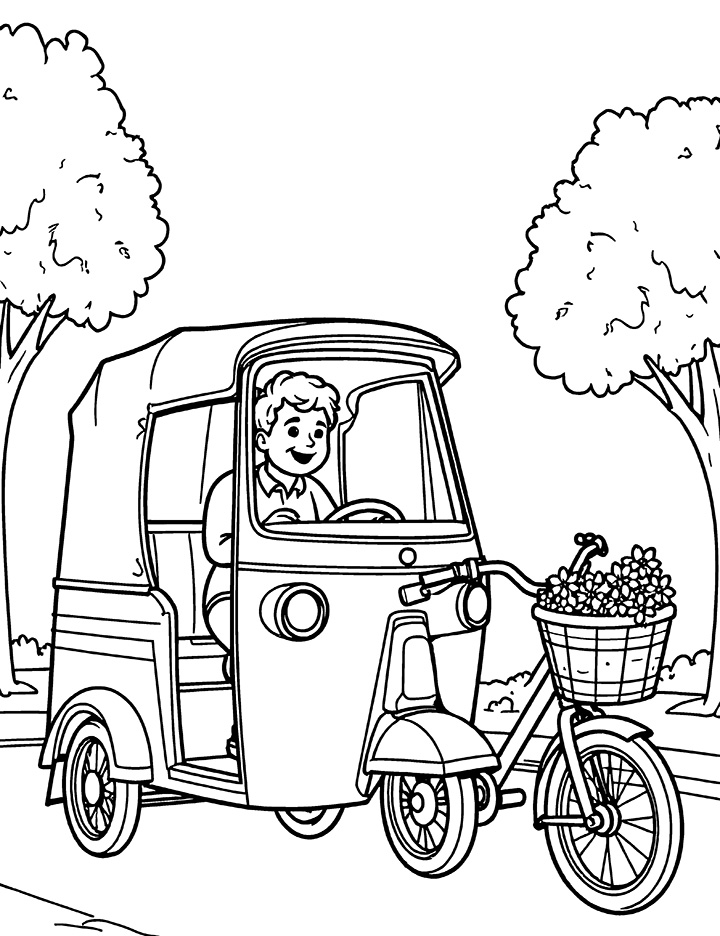 Auto rickshaw and a bicycle coloring page Auto rickshaw and a bicycle coloring page