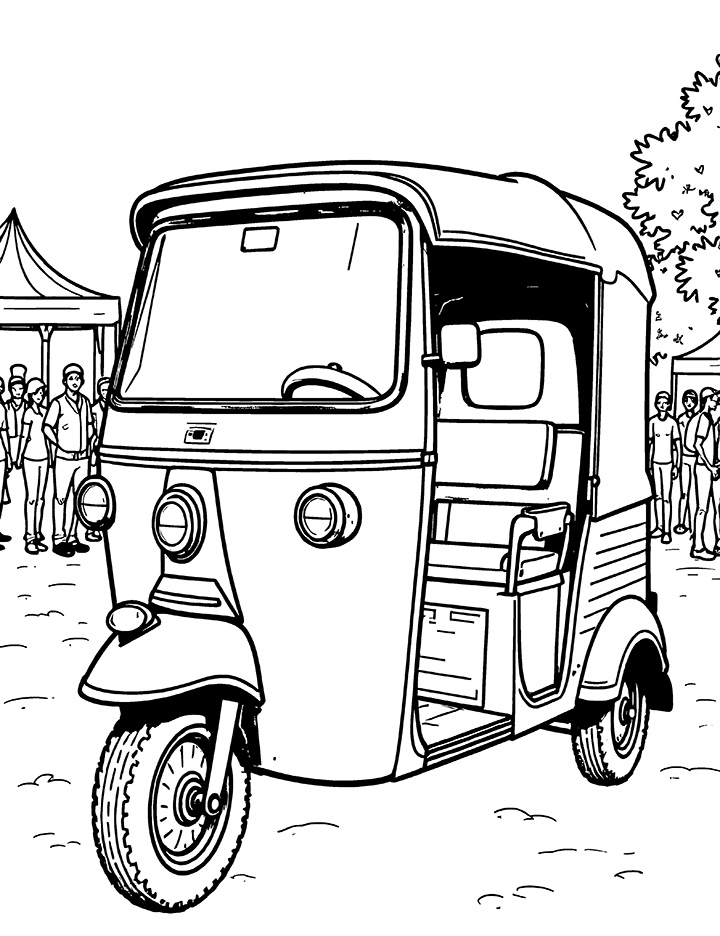 Auto rickshaw at a festival ground coloring page Auto rickshaw at a festival ground coloring page