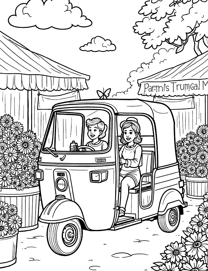 Auto rickshaw at a flower market coloring page 1 Auto rickshaw at a flower market coloring page 1