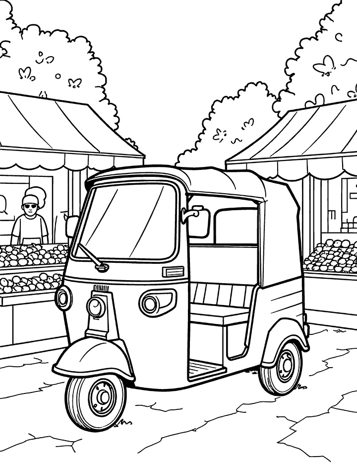 Auto rickshaw at a market coloring page Auto rickshaw at a market coloring page