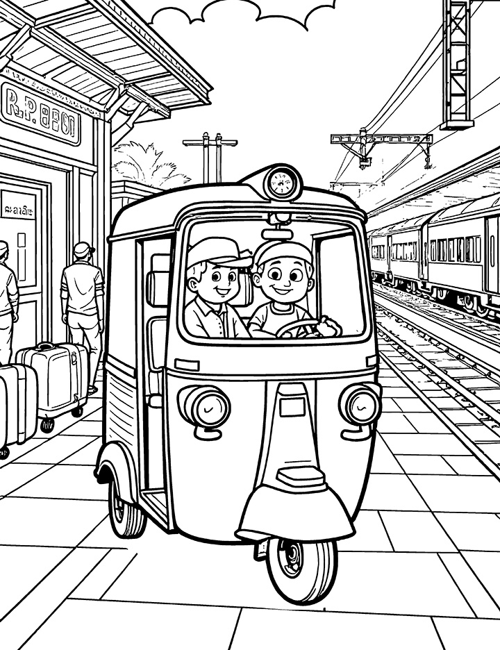 Auto rickshaw at a train station coloring page Auto rickshaw at a train station coloring page