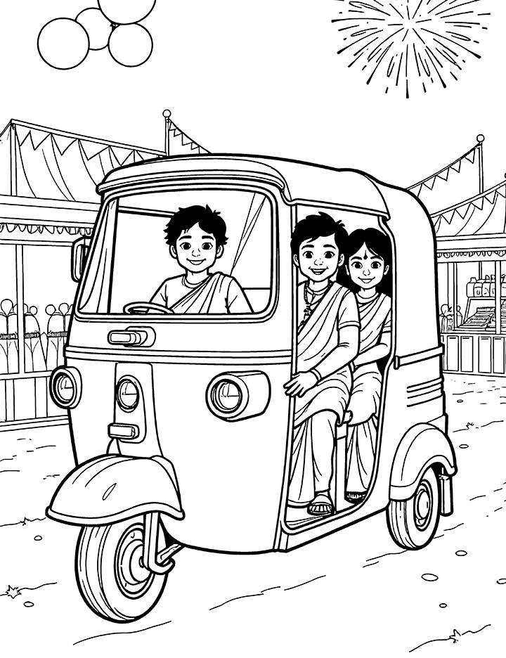 Auto Rickshaw During A Festival Coloring Page Auto Rickshaw During A Festival Coloring Page