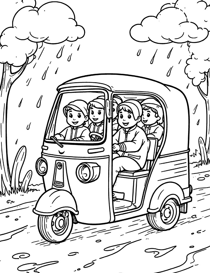 Auto rickshaw during a rainstorm coloring page Auto rickshaw during a rainstorm coloring page