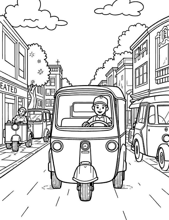 Auto rickshaw in a busy street coloring page Auto rickshaw in a busy street coloring page