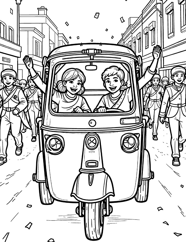 Auto rickshaw in a parade coloring page Auto rickshaw in a parade coloring page