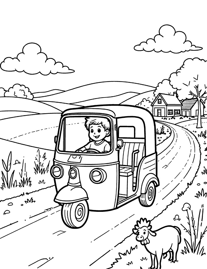 Auto rickshaw in a rural setting coloring page Auto rickshaw in a rural setting coloring page