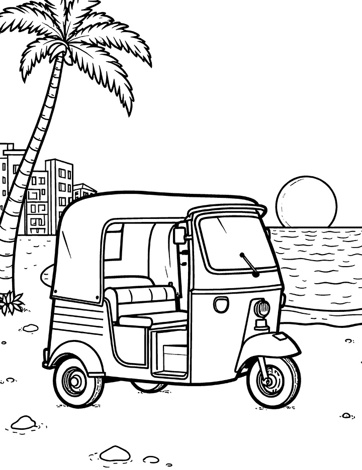 Auto rickshaw in a sunset scene coloring page Auto rickshaw in a sunset scene coloring page