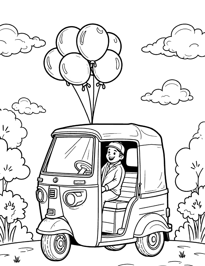 Auto rickshaw with balloons coloring page Auto rickshaw with balloons coloring page