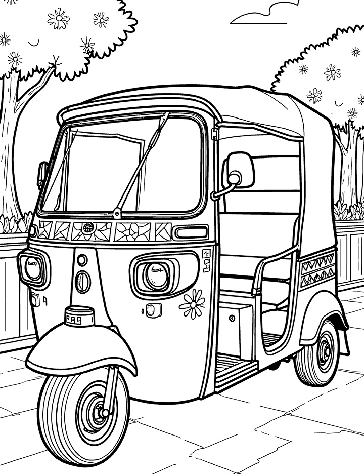 Auto rickshaw with colorful designs coloring page Auto rickshaw with colorful designs coloring page
