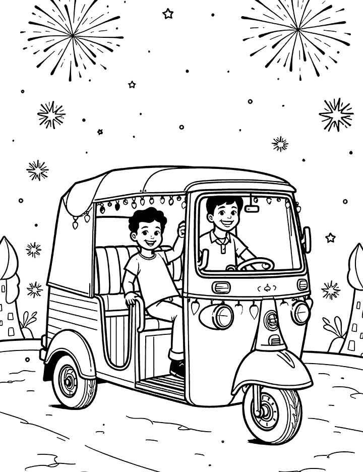 Auto rickshaw with colorful lights coloring page Auto rickshaw with colorful lights coloring page