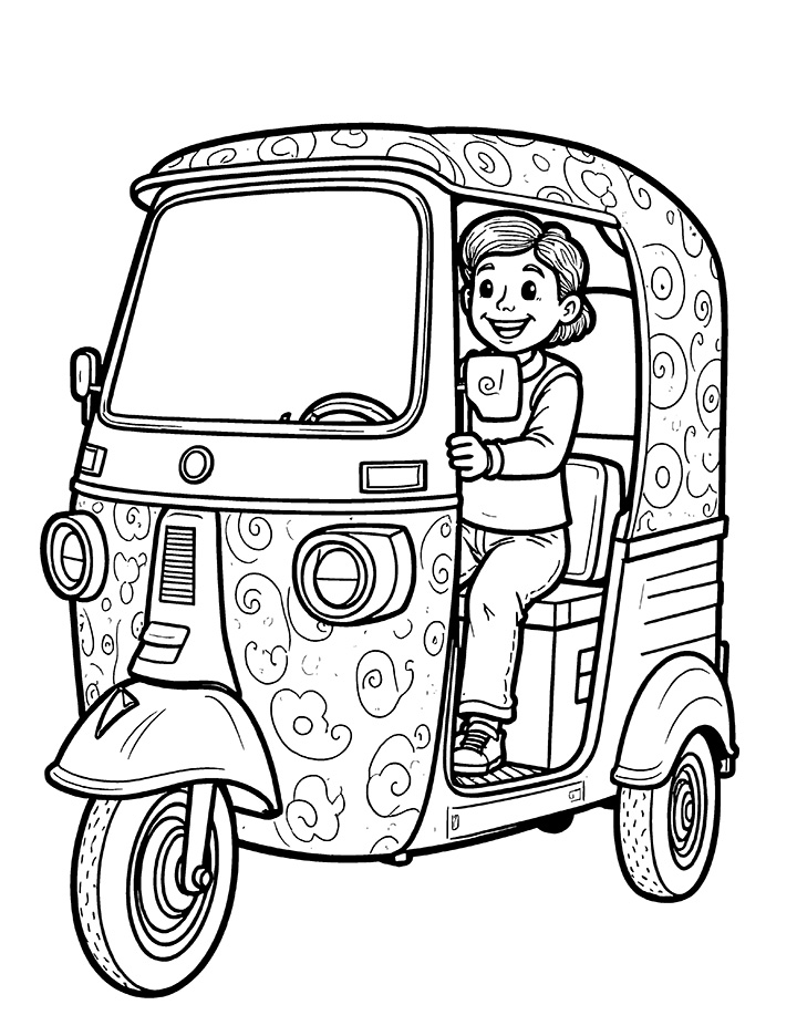 Auto rickshaw with fun patterns coloring page Auto rickshaw with fun patterns coloring page