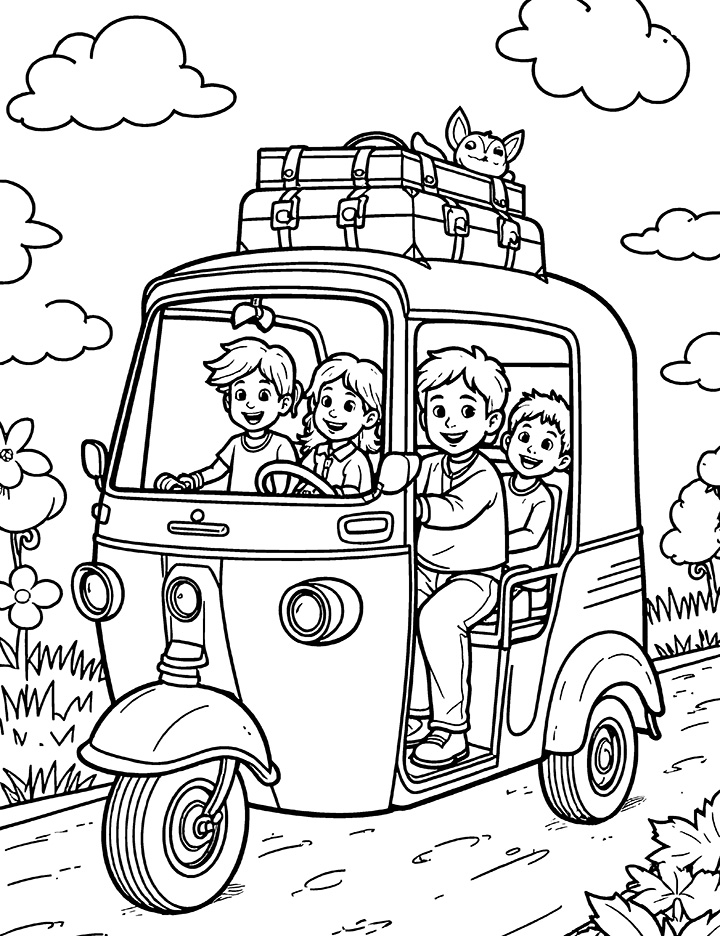 Auto rickshaw with happy passengers coloring page Auto rickshaw with happy passengers coloring page