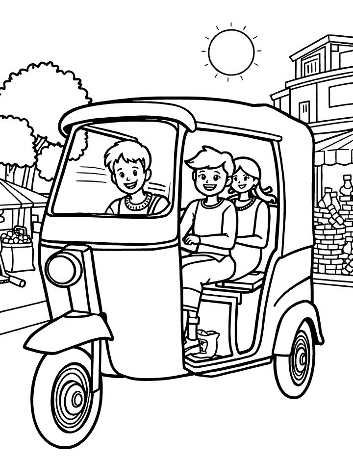 Auto rickshaw with passengers coloring page Auto rickshaw with passengers coloring page