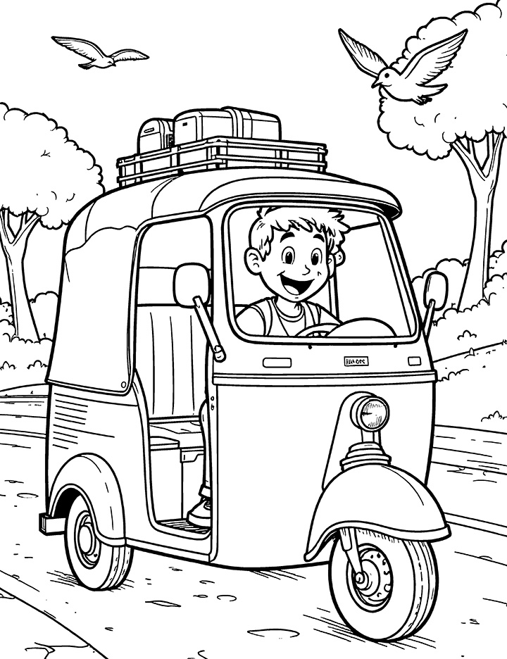 Auto rickshaw with travel gear coloring page Auto rickshaw with travel gear coloring page