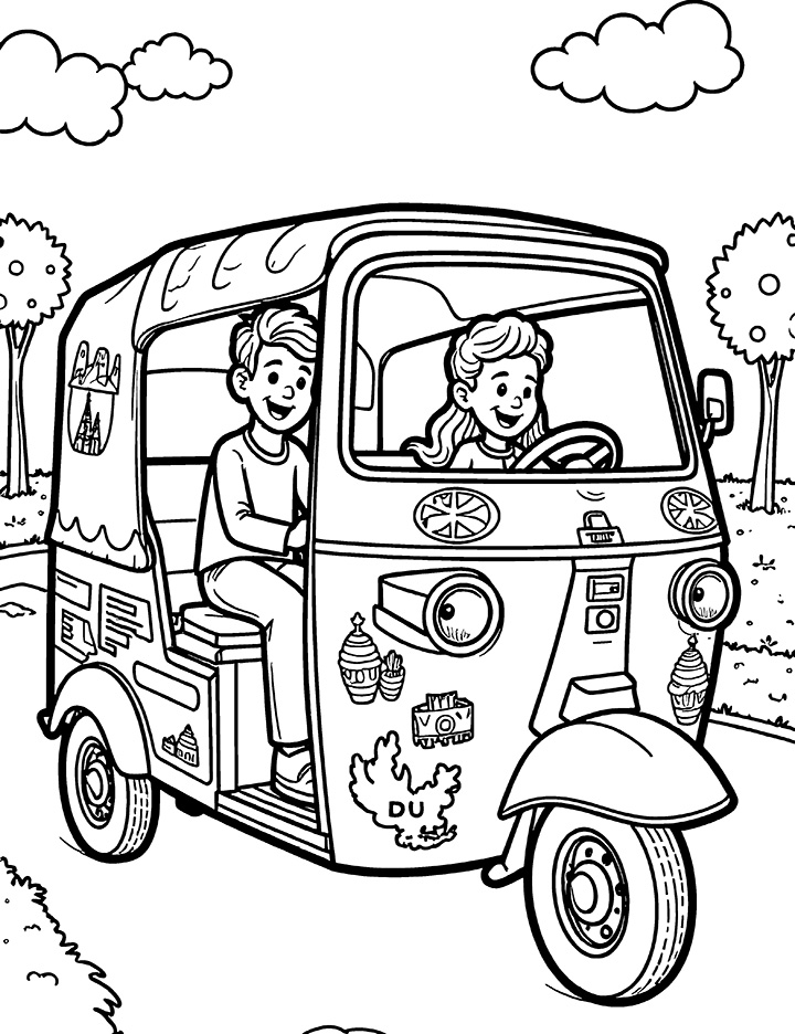 Auto rickshaw with travel stickers coloring page Auto rickshaw with travel stickers coloring page