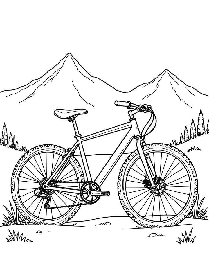 Bicycle with a mountain backdrop coloring page Bicycle with a mountain backdrop coloring page