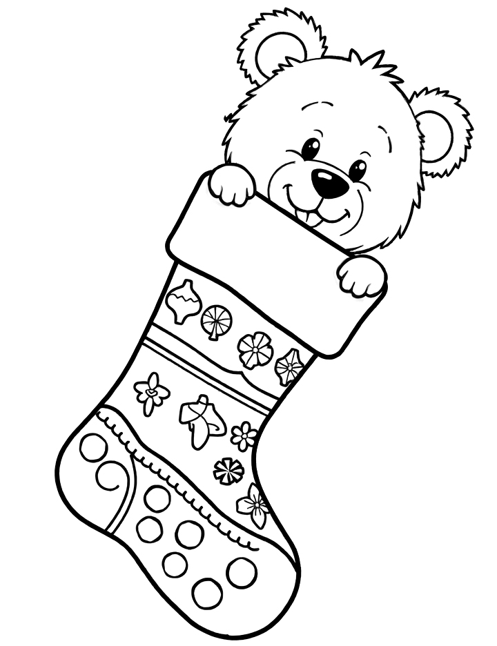Teddy bear in stocking coloring page