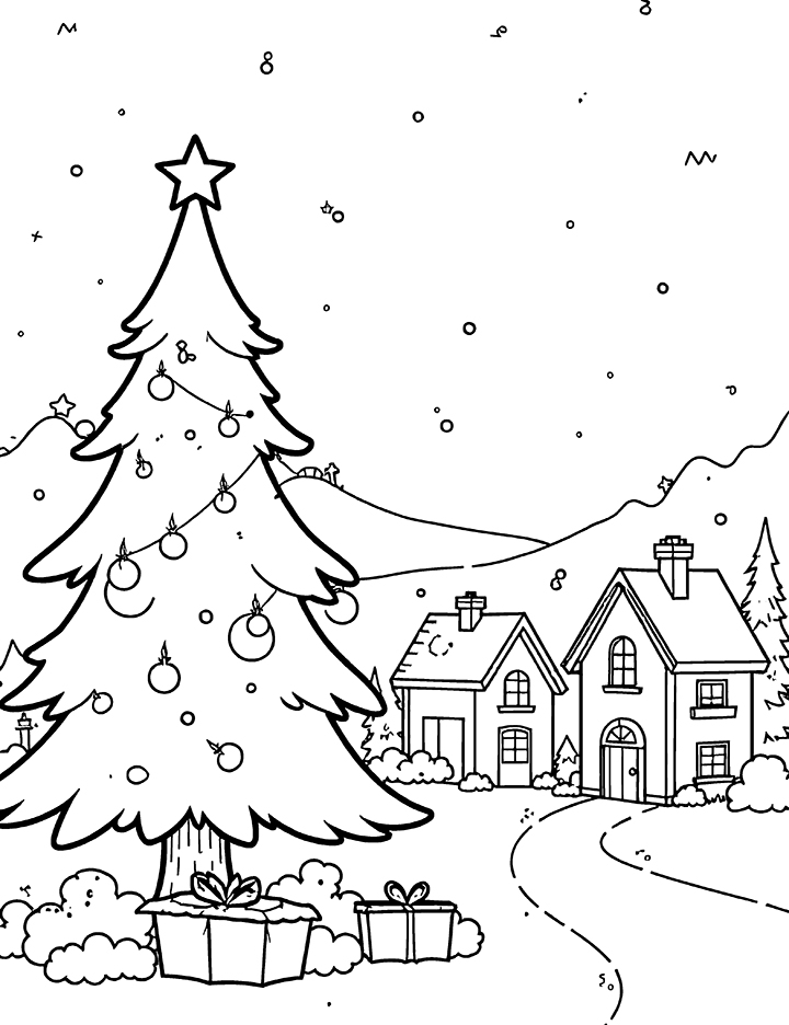 Christmas tree in a village coloring page Christmas tree in a village coloring page
