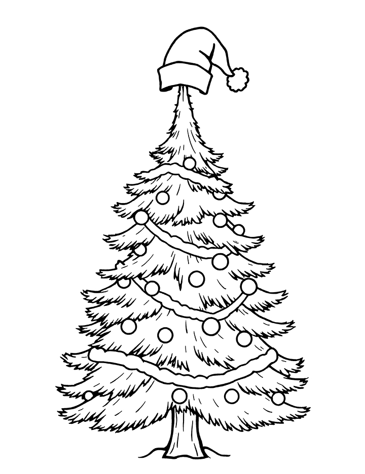 Christmas tree with Santa cap coloring page Christmas tree with Santa cap coloring page