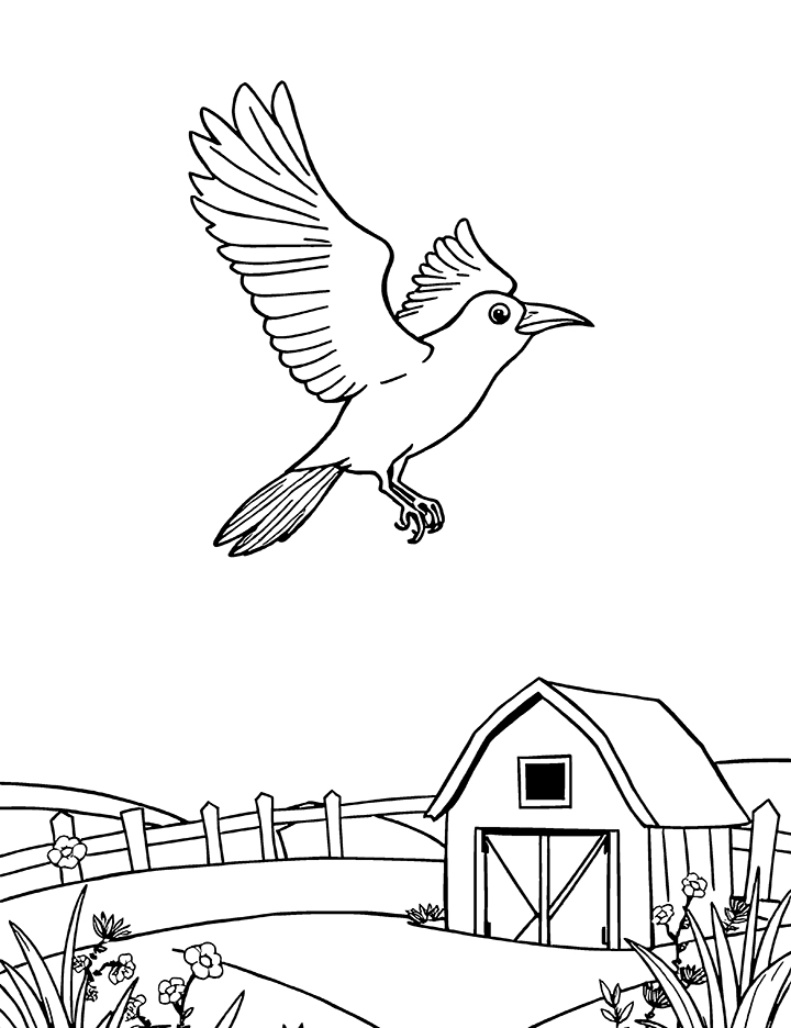 Crow flying over a farm coloring page Crow flying over a farm coloring page