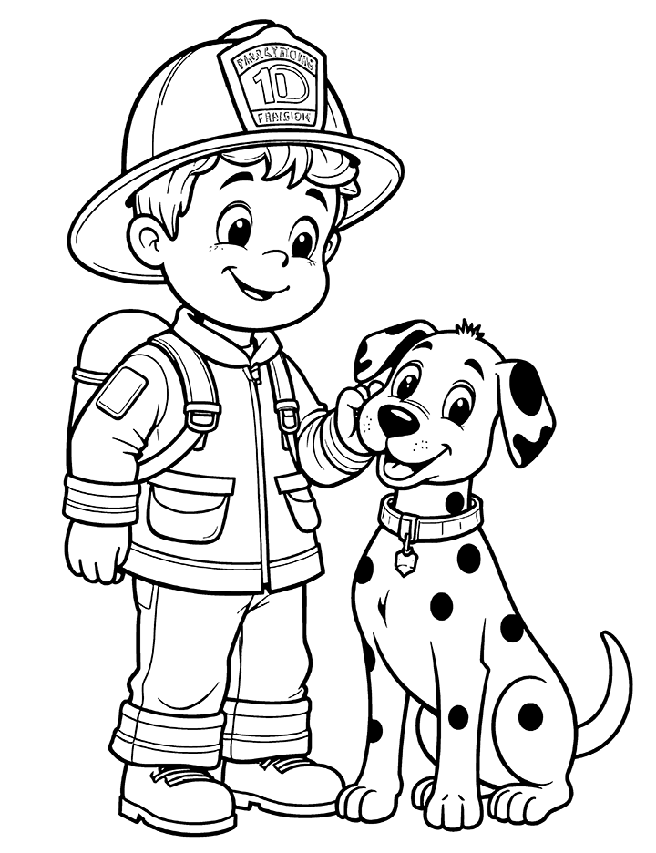 Firefighter with dalmatian coloring page Firefighter with dalmatian coloring page