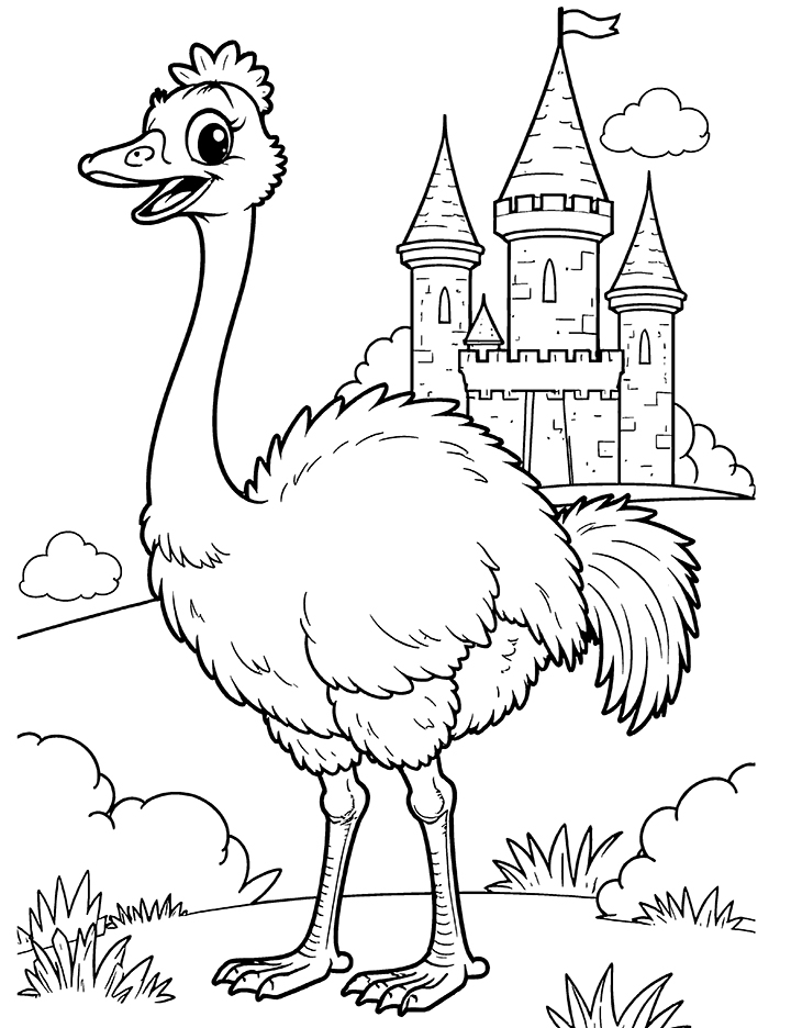 Ostrich with castle coloring page Ostrich with castle coloring page