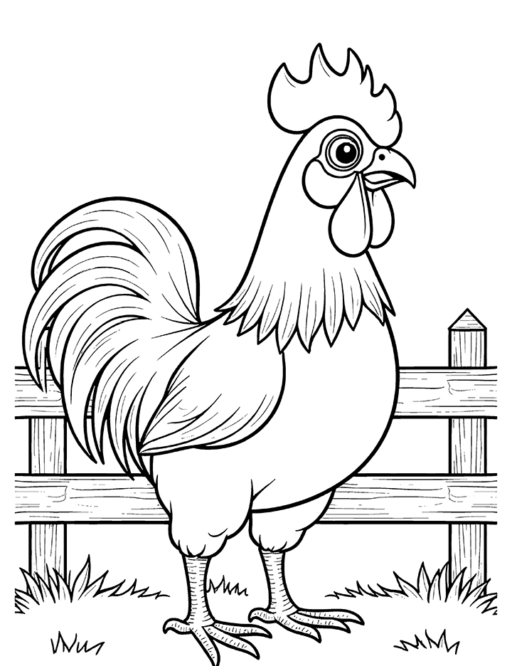 Rooster with farm coloring page Rooster with farm coloring page