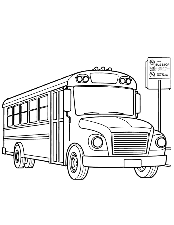 School bus at a bus-stop coloring page School bus at a bus-stop coloring page