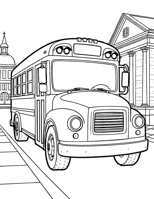 School bus driving through town coloring page School bus driving through town coloring page