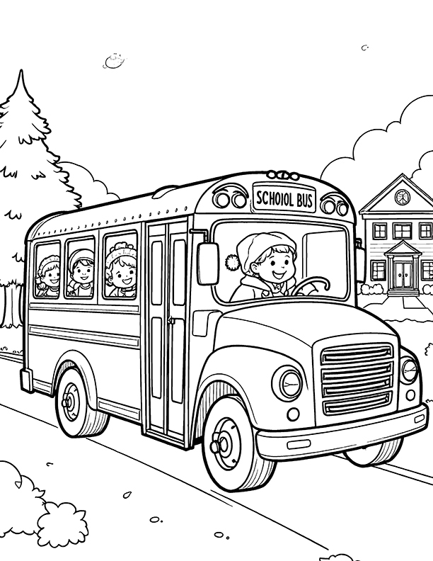 School bus in a snowy landscape coloring page School bus in a snowy landscape coloring page