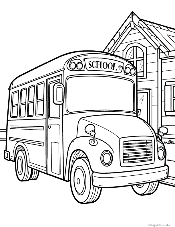 School bus in front of a school coloring page School bus in front of a school coloring page
