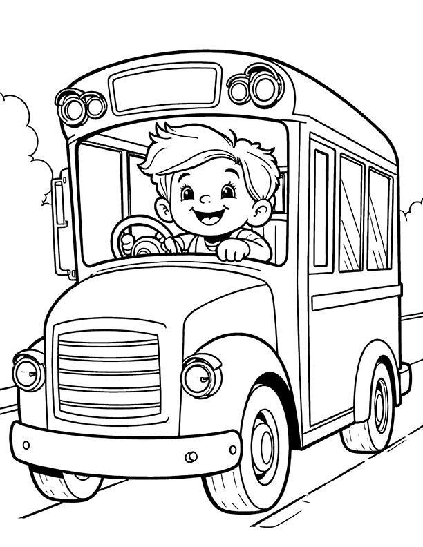 School bus with a happy driver coloring page School bus with a happy driver coloring page