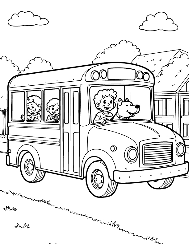 School bus with a pet coloring page School bus with a pet coloring page
