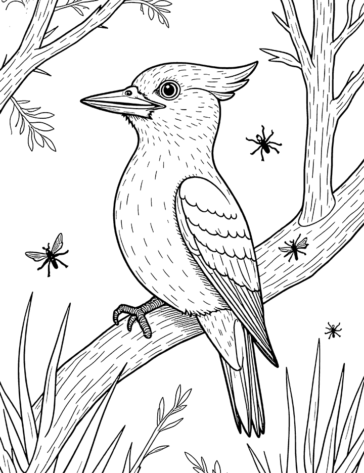 Woodpecker and insect coloring page Woodpecker and insect coloring page