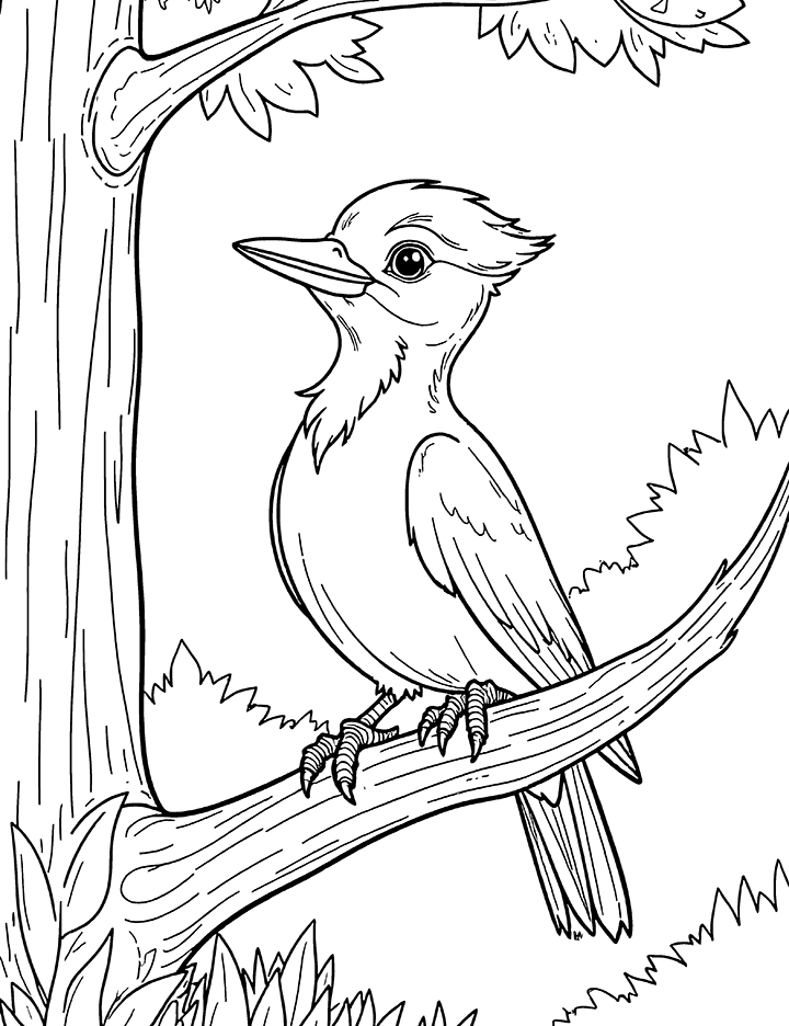 Woodpecker in forest coloring page Woodpecker in forest coloring page
