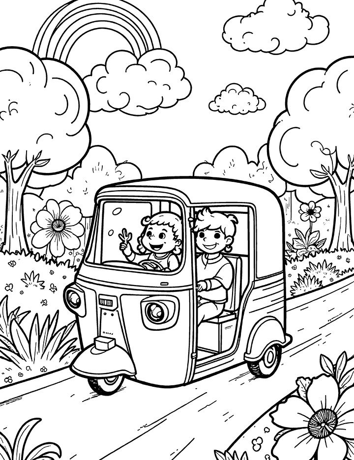 Auto rickshaw in a cartoon world coloring page Auto rickshaw in a cartoon world coloring page