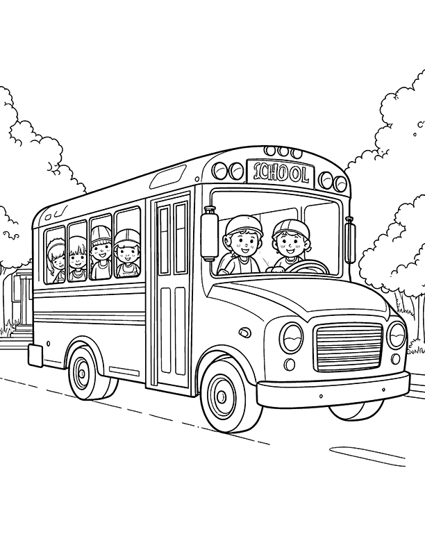 Kids with helmet in school bus coloring page Kids with helmet in school bus coloring page