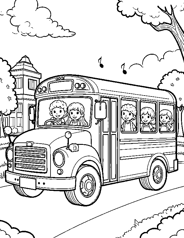 School bus with music notes coloring page School bus with music notes coloring page